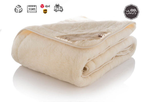 Folded merino wool blanket on a white background with Woolland logos and icons displayed.