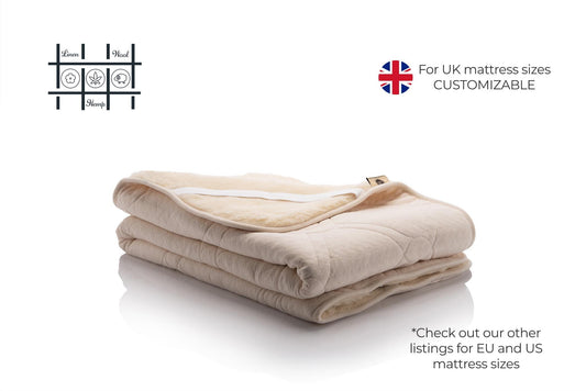 Folded beige mattress topper on a white background with text about UK mattress sizes and customization. Made by Woolland
