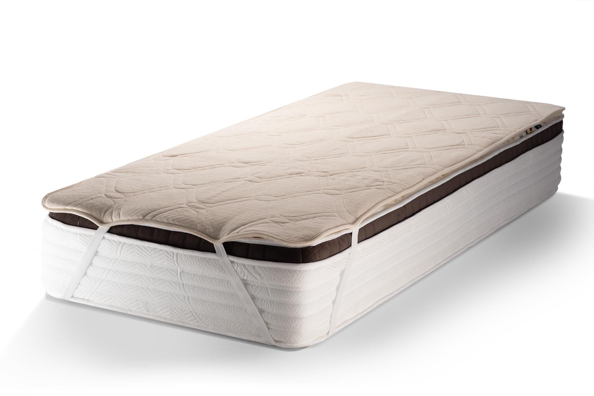 Mattress with merino wool and hemp mattress topper on it on a white background. Handcrafted by Woolland