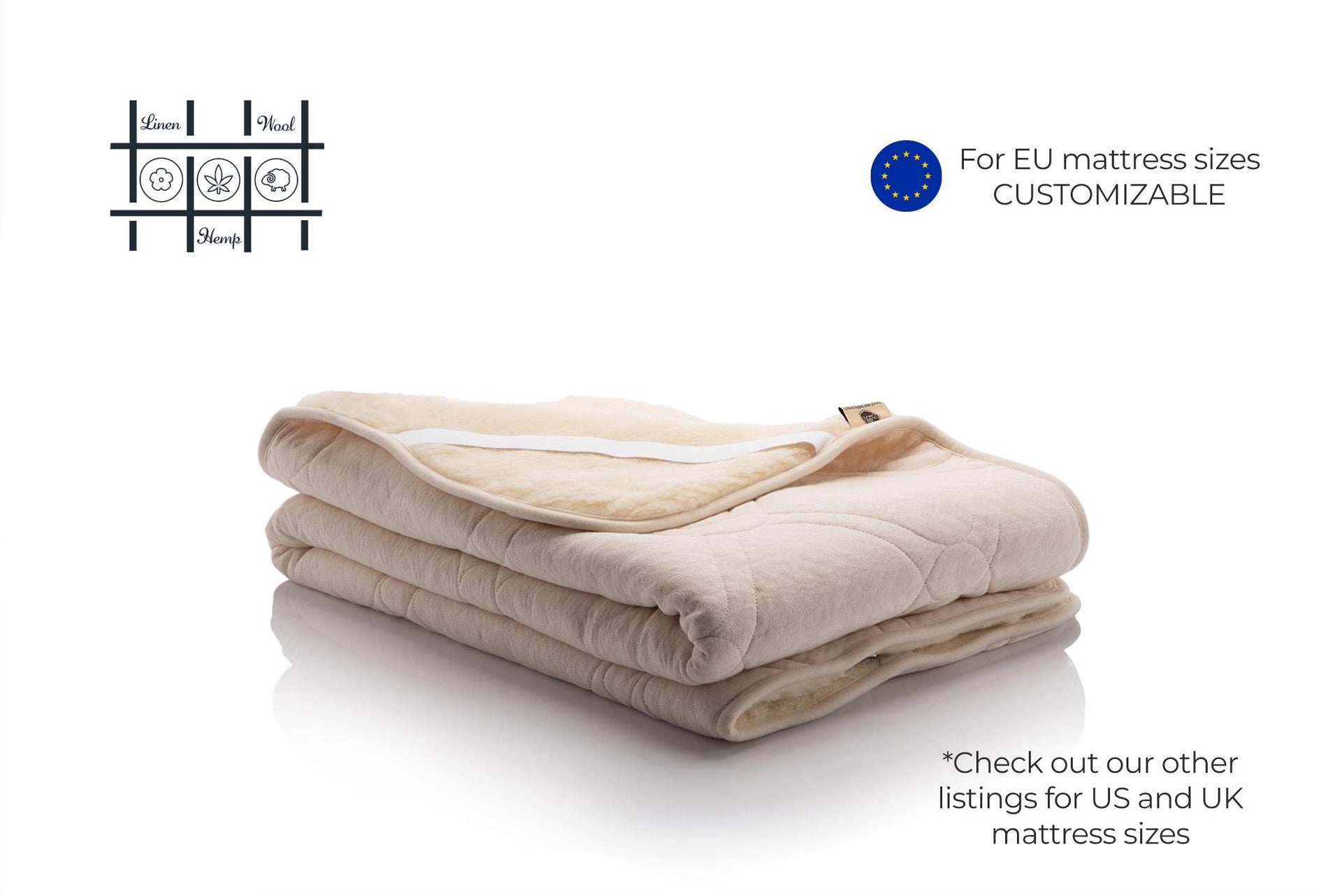 Folded hemp and merino wool mattress topper on a white background with customizable text for EU, US, and UK sizes. Crafted by Woolland