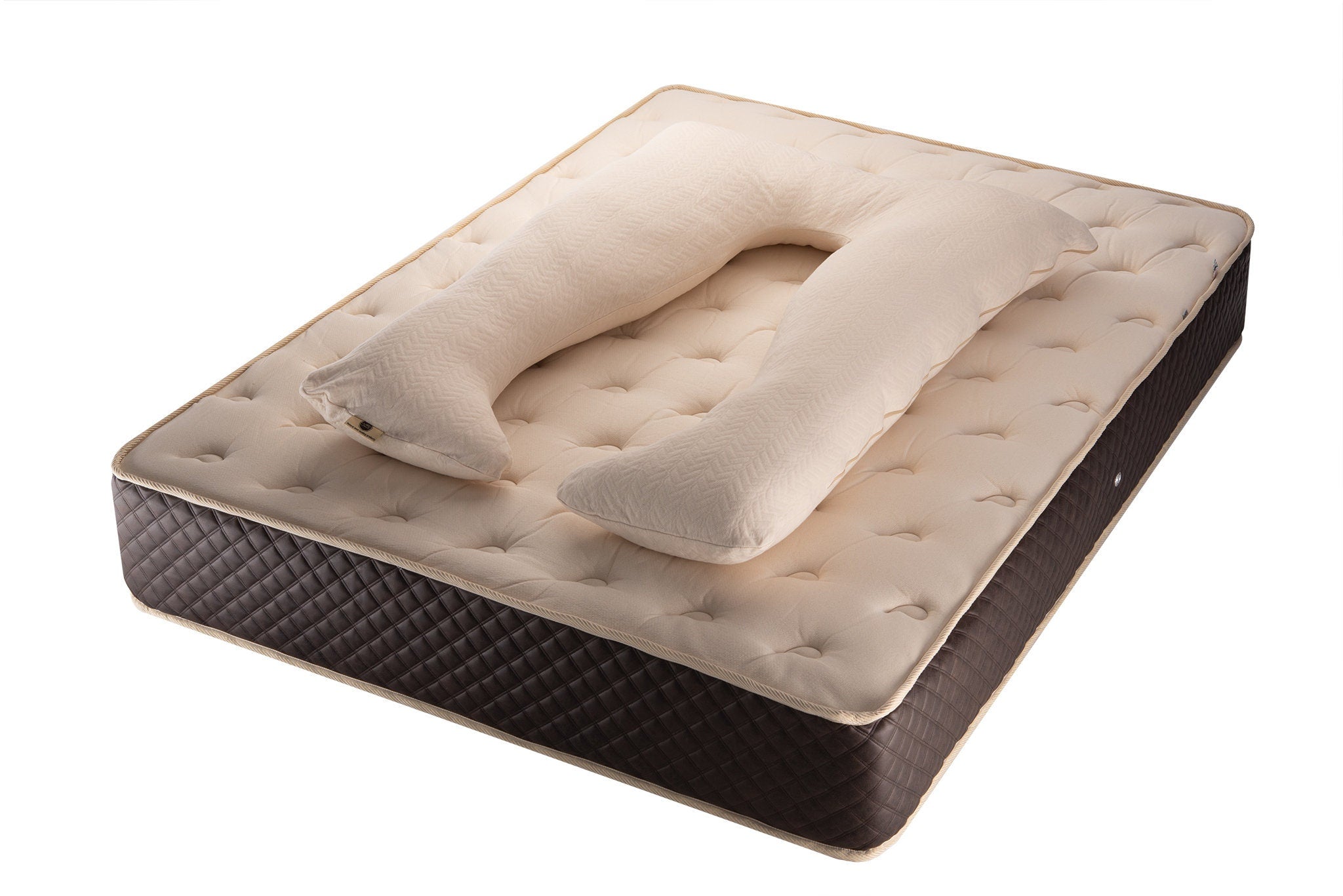 U-shaped pregnancy pillow with hemp and organic cotton zippered cover and wool stuffing made by Woolland 