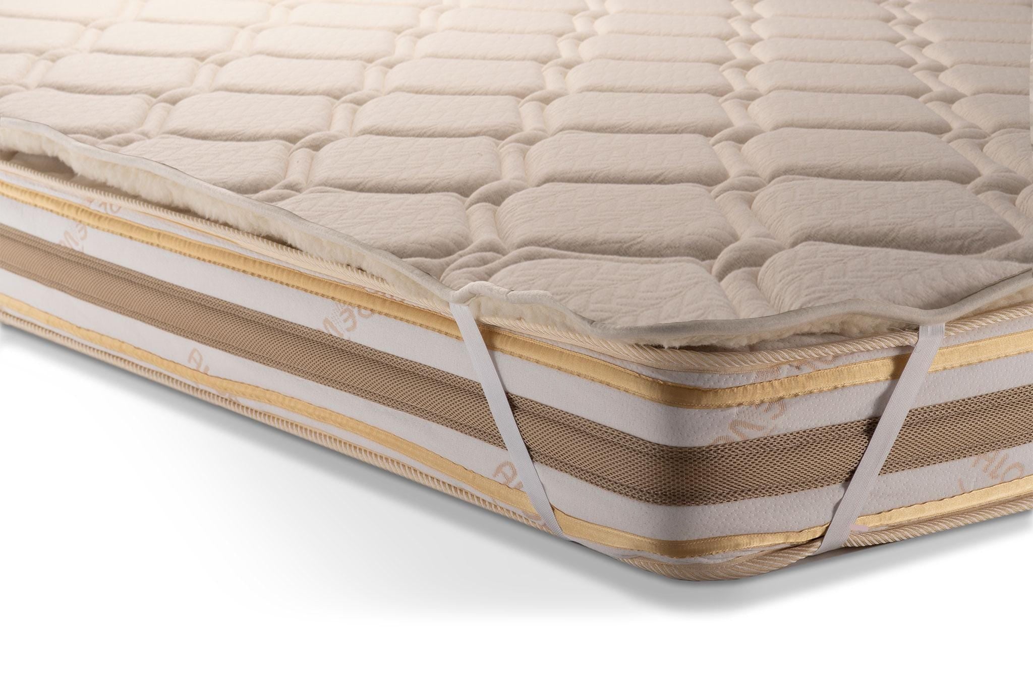 Hemp and wool mattress topper with a quilted top layer on a white background. andmade by Woolland