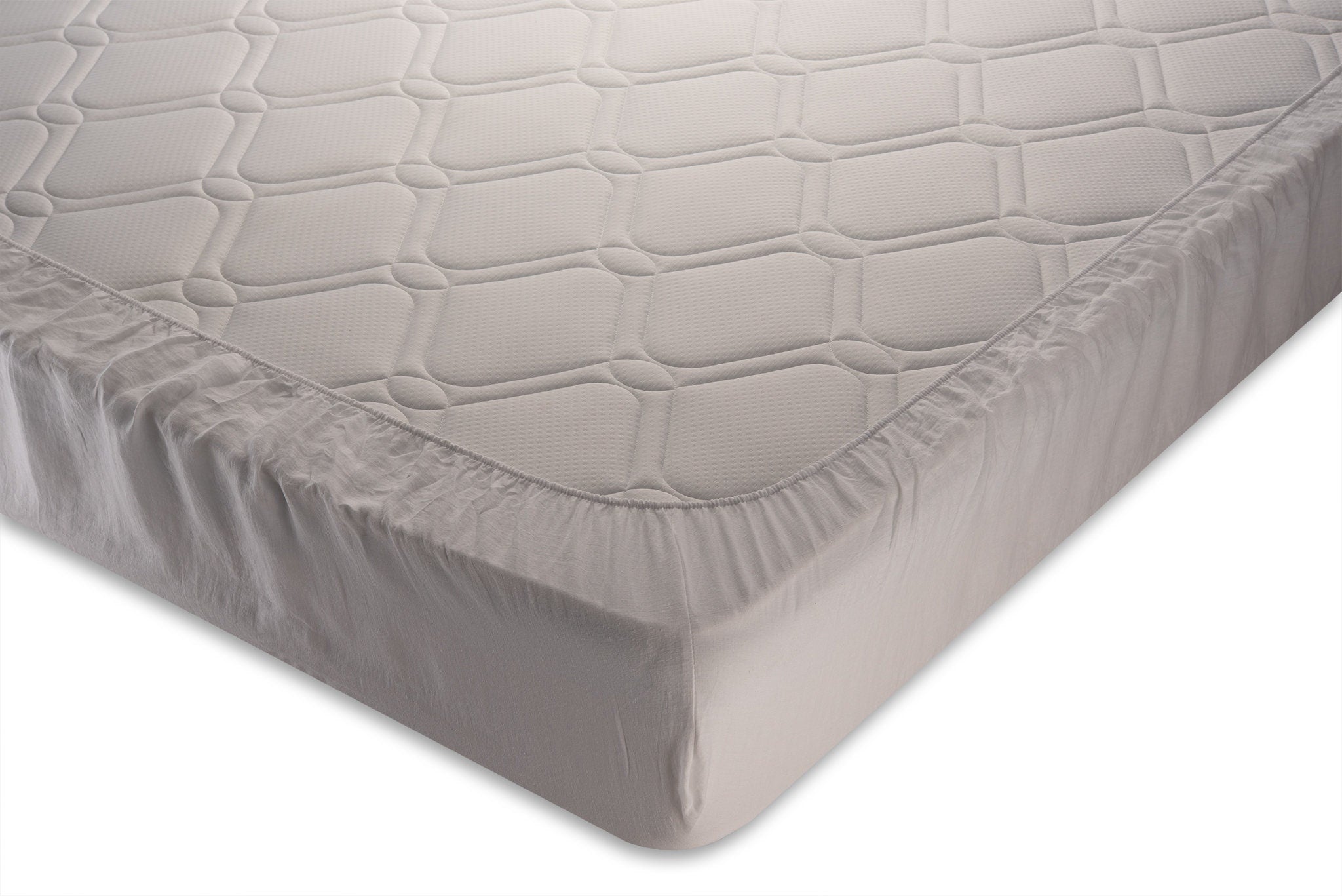Photo from close eye showing pure linen fitted sheet dressed on a mattress. Handcrated by Woolland