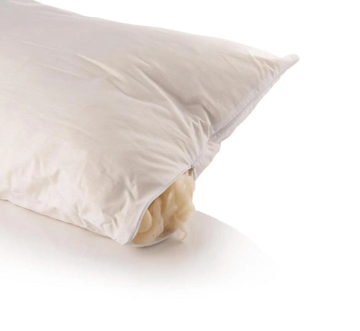 A closeup on natural wool pillow on a white background