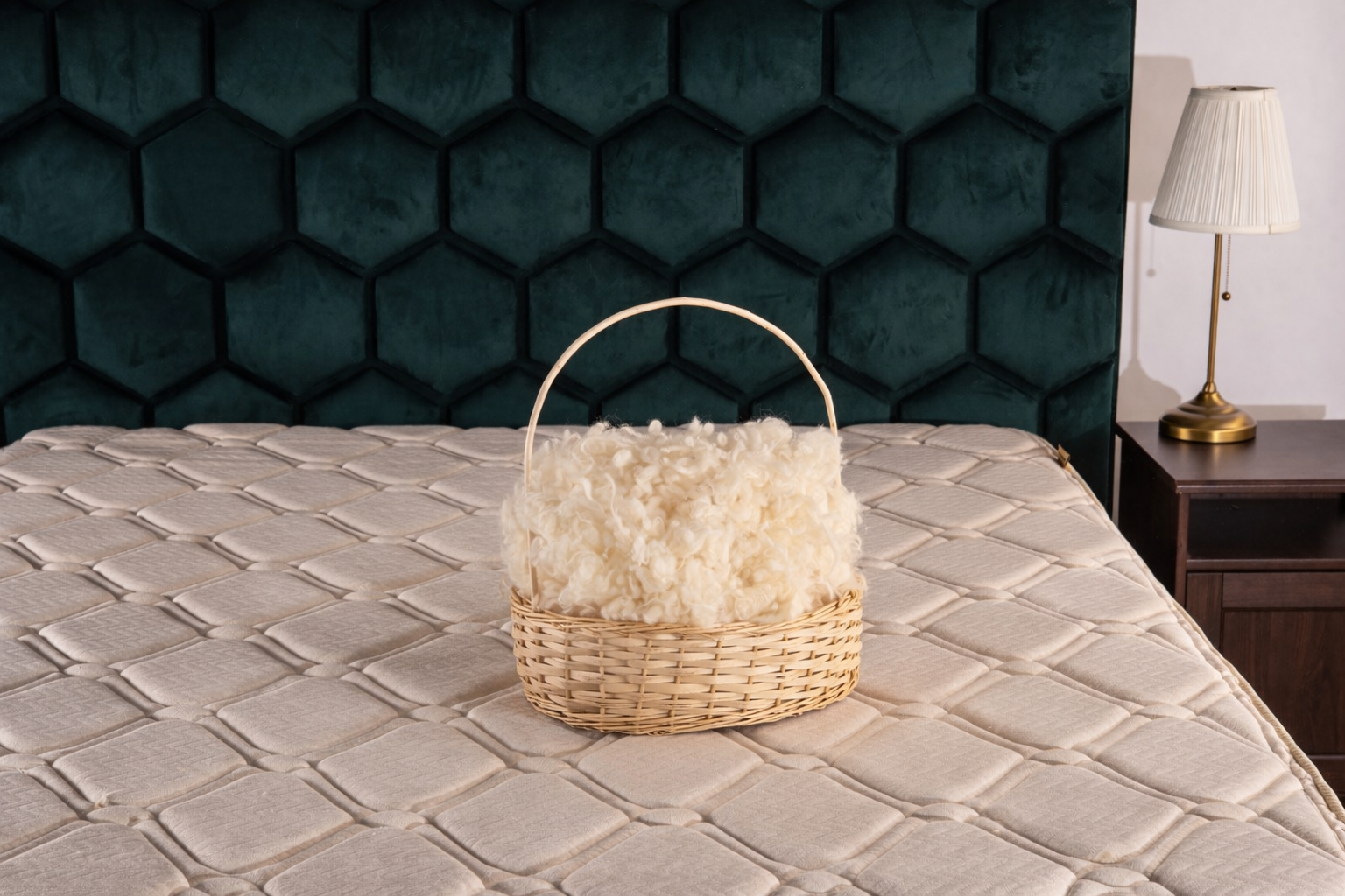 Wicker basket filled with raw wool on a textured bed against a hexagonal patterned wall.