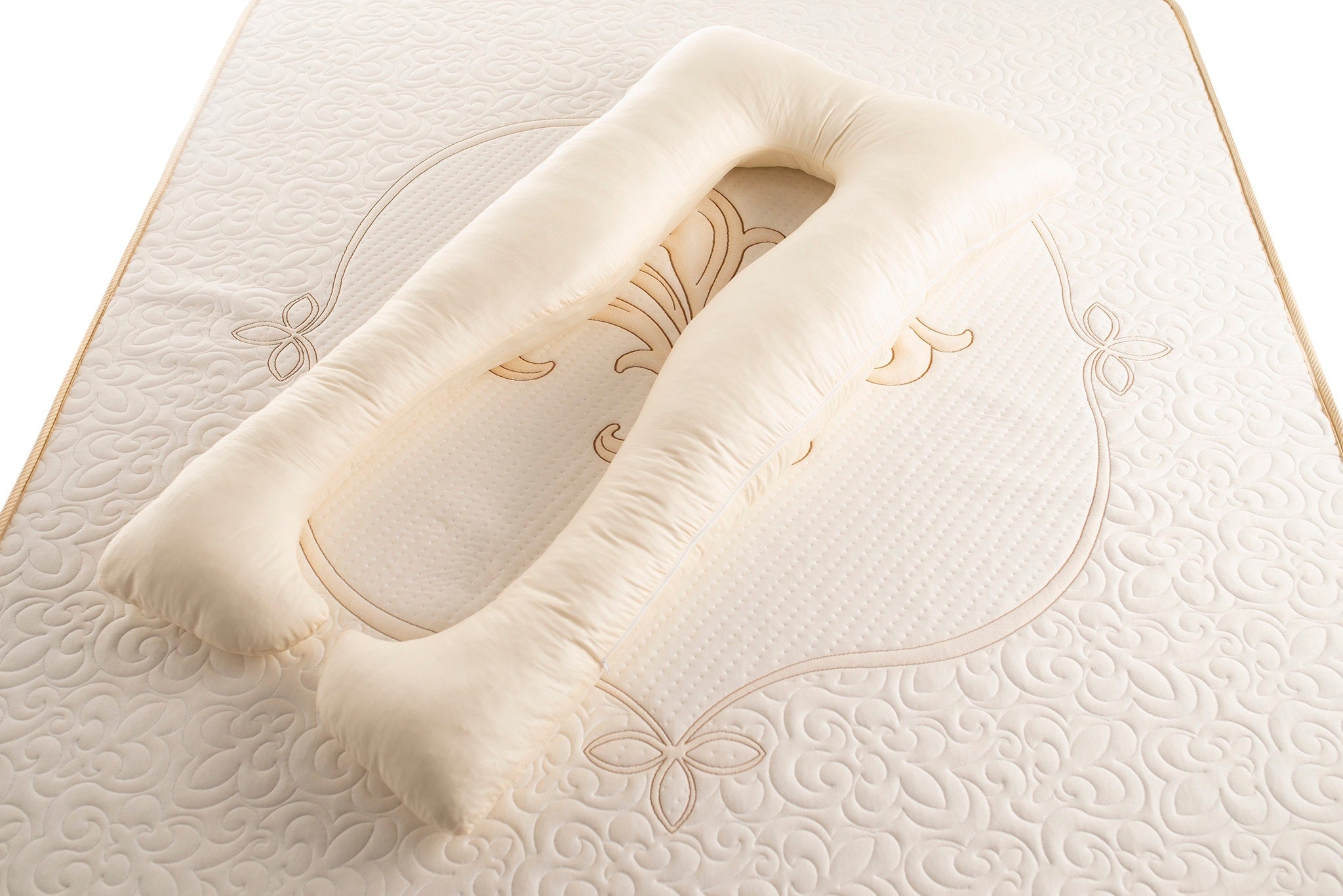 Cotton sateen and raw wool u-shaped pregnancy pillow by Woolland