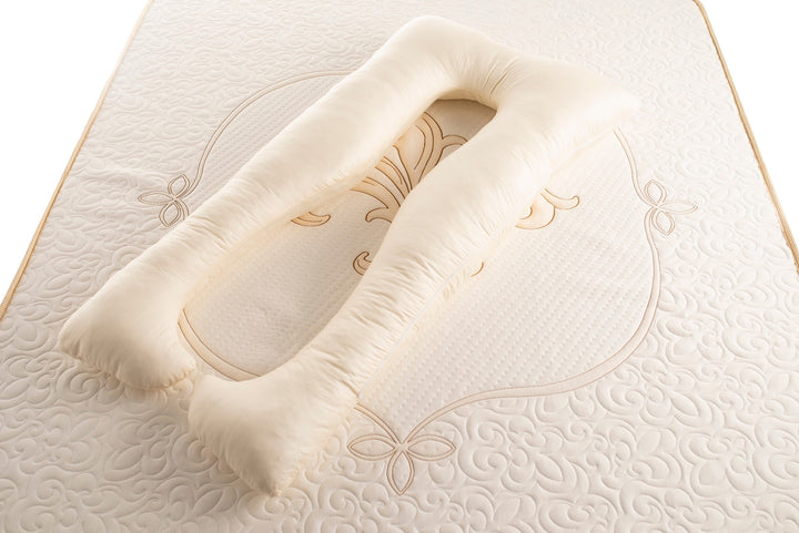 Cotton sateen and raw wool u-shaped pregnancy pillow by Woolland