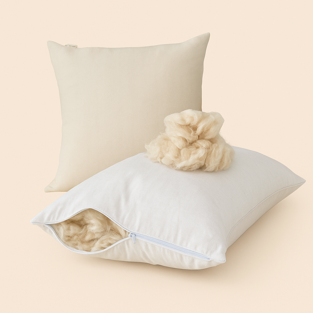Organic cotton pillow with visible kapok fiber core on a beige background handmade by Woolland
