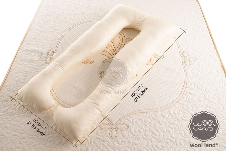 pi-shaped pregnancy pillow by the Woolland. Made of cotton satten cover with raw Bulgarian wool stuffing