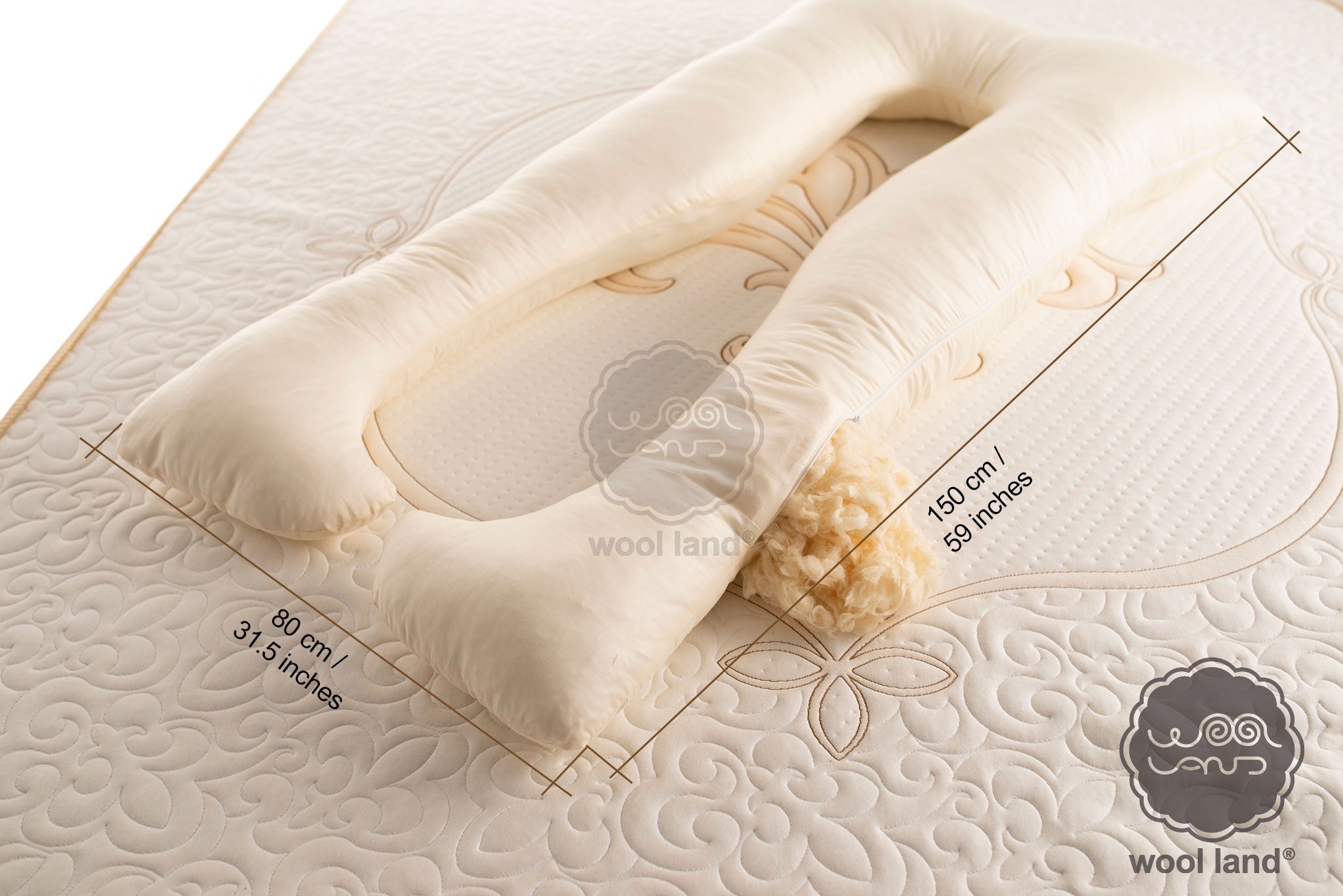 Pi-form maternity pillow by the Woolland with size 80 x 150 cm (31.5 x 59 inches). Handmade by Woolland