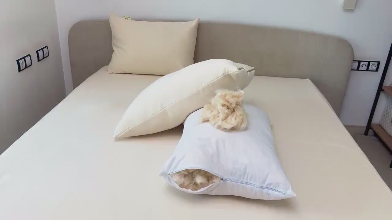 Vide of organic cotton cover and raw kapok fiber vegan pillow handmade by the Woolland