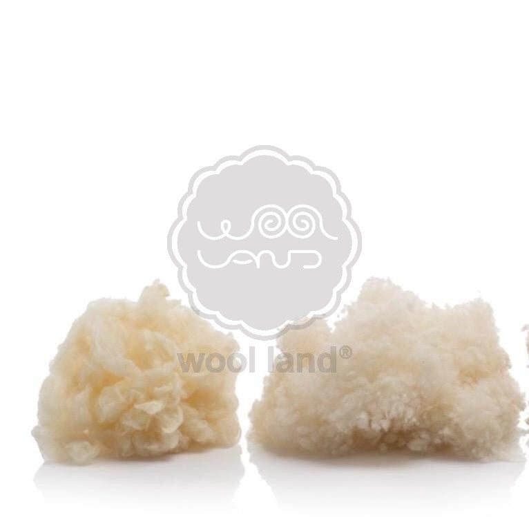 Two sheepskin puffs with a Woolland brand logo on a white background