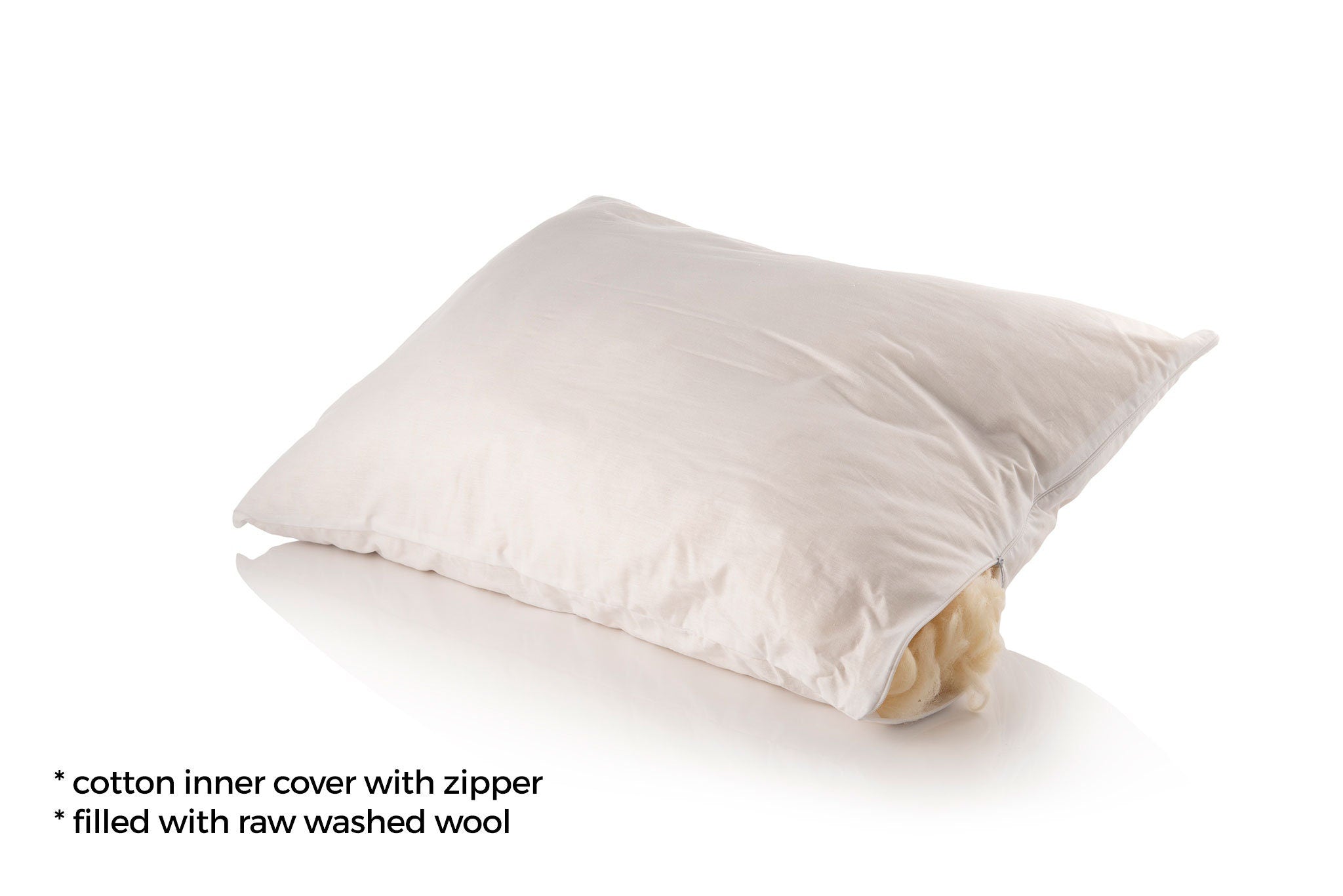 White pillow with cotton inner cover and raw washed wool filling on a white background handmade by Woolland