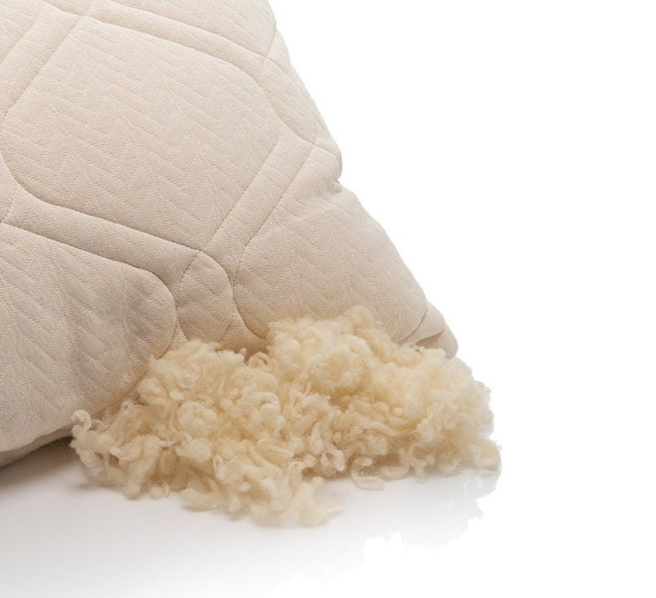 Beige pillow with fluffy raw wool trim on a white background by Woolland