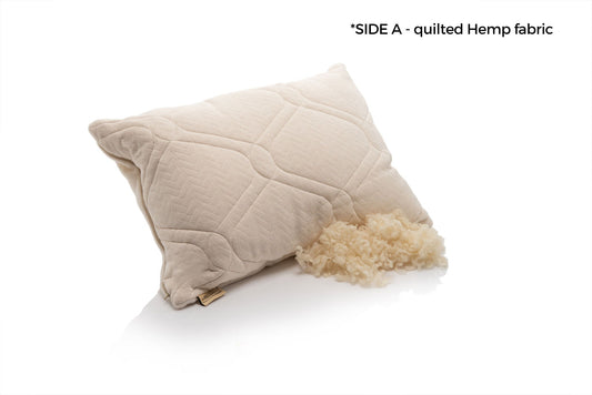 Beige quilted hemp fabric pillow on a white background by Woolland