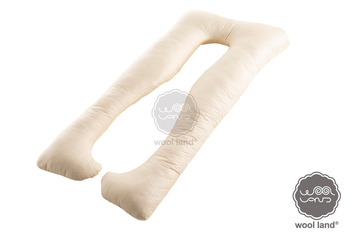 Natural u-shaped maternity pillow. Body pillow made of cotton satten cover and raw wool filling. Crafted by Woolland
