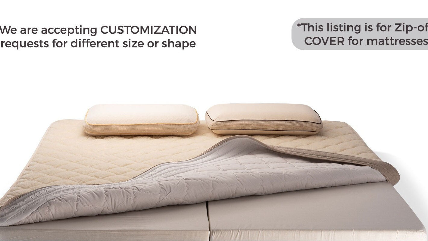 Merino wool quilted mattress cover with zipper with text about customization options.
