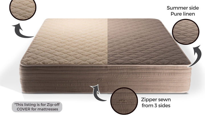 Mattress cover with linen and merino wool and zipper details on a white background