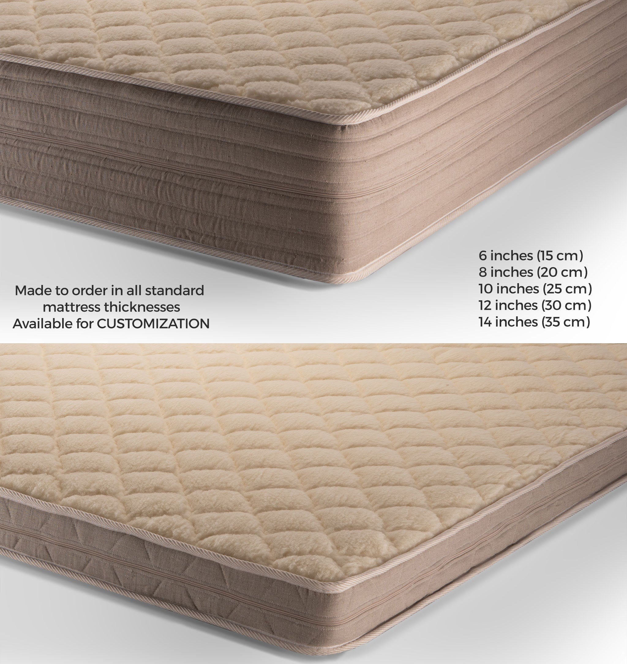 Mattress cover with customizable thickness options on a white background