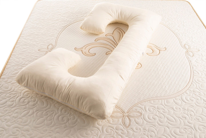 C shaped natural maternity pillow with cotton sateen zippered cover by Woolland 
