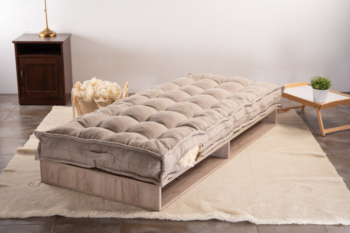 Handmade wool stuffed mattress with linen cover
