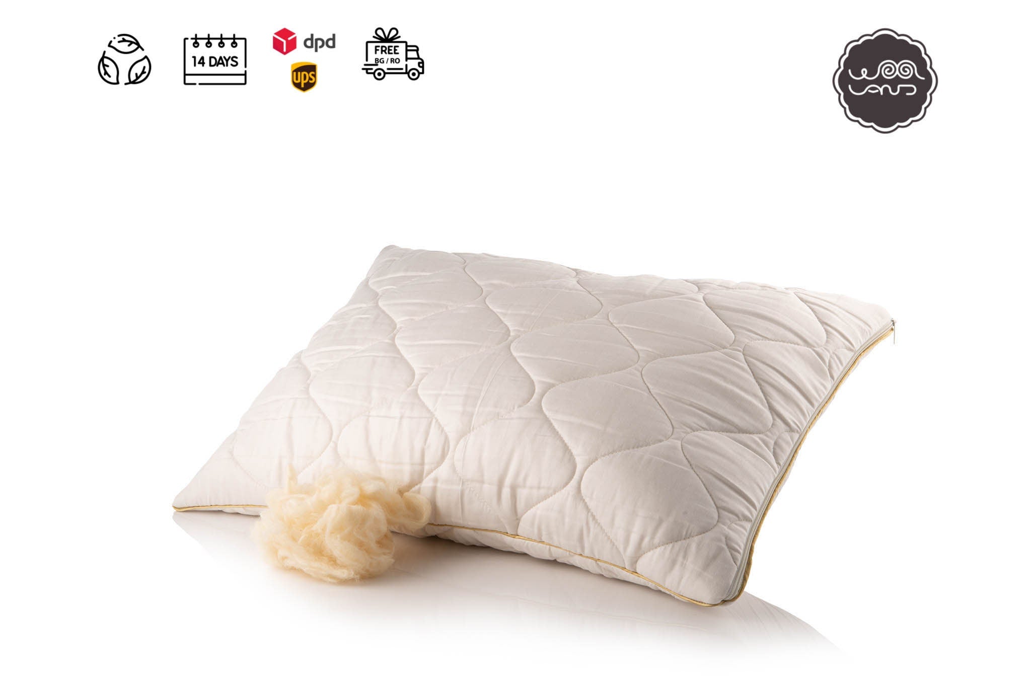 A quilted organic wool pillow with a white cotton sateen cover, displaying a hypoallergenic label, a zipper closure icon, and a raw wool filling symbol.